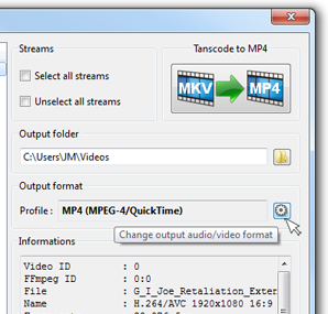 Click the small gear wheel button to change output format