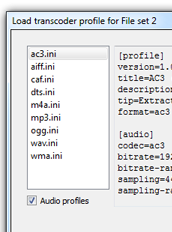 Click load profile button and choose the output format for the transcoder