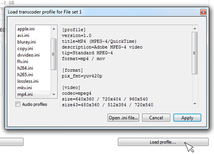 Click load profile button and choose 'mp4.ini' profile