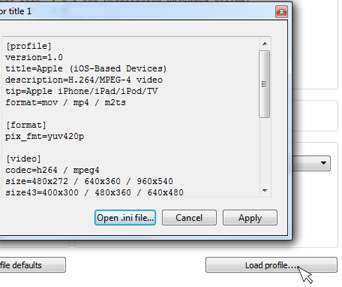 Click load profile button and choose the output format for the transcoder