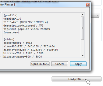 Click load profile button and choose the output format for the transcoder