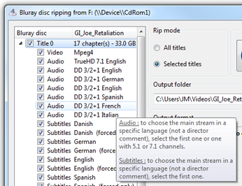 Select audio and subtitles to keep in the ripped movie