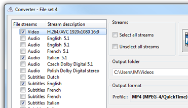 Select audio and subtitles streams to transcode